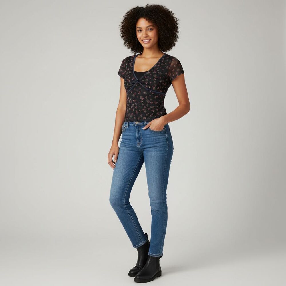 ❤️Aeropostale Crop Womens M Black Floral Mesh V Neck Short Sleeve Y2K Blouse❤️